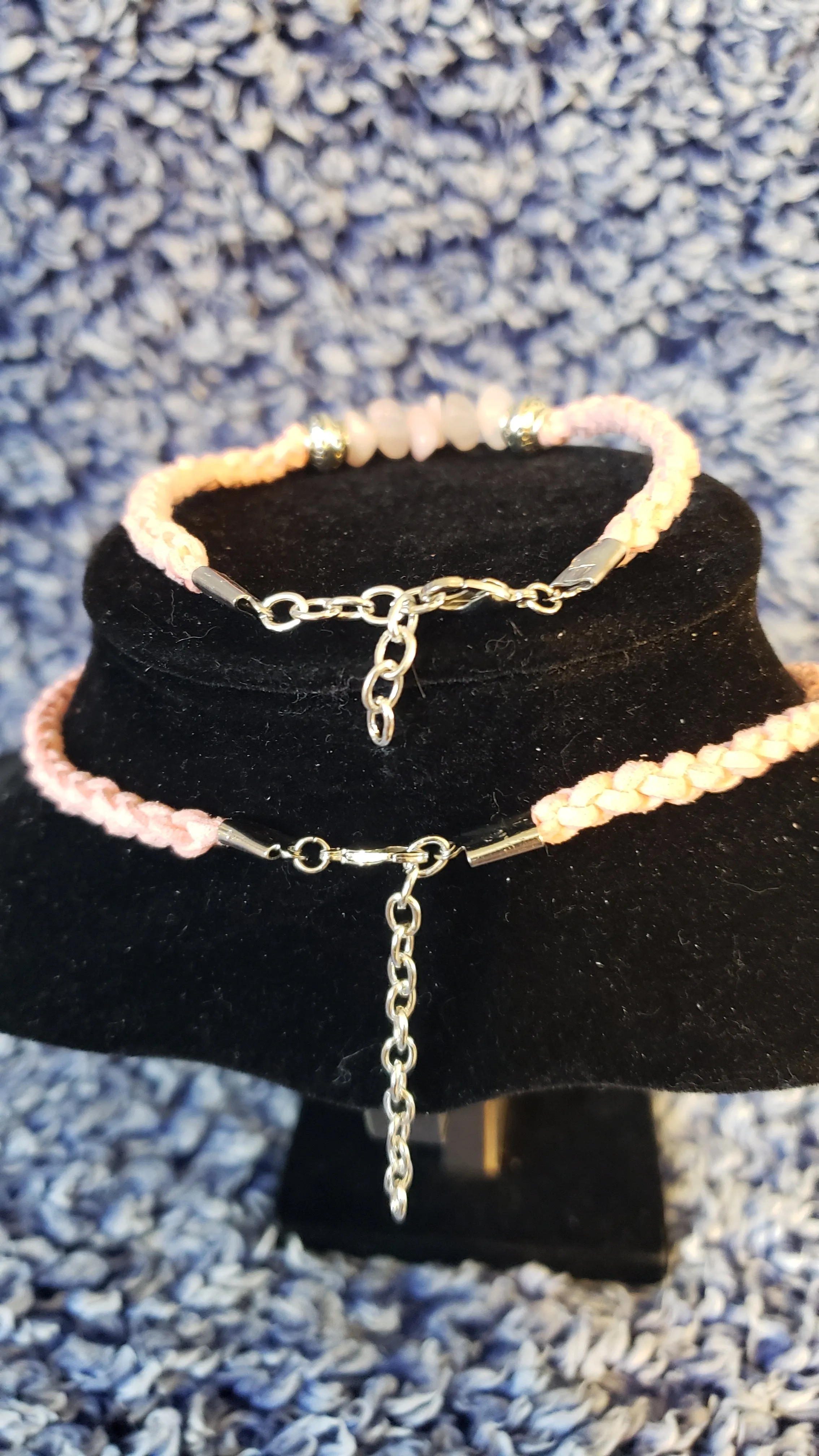 Rose Quartz Gemstone & Genuine Pink Leather Set. Choker, Bracelet & Earrings. Fully adjustable with Lobster Claw Clasps