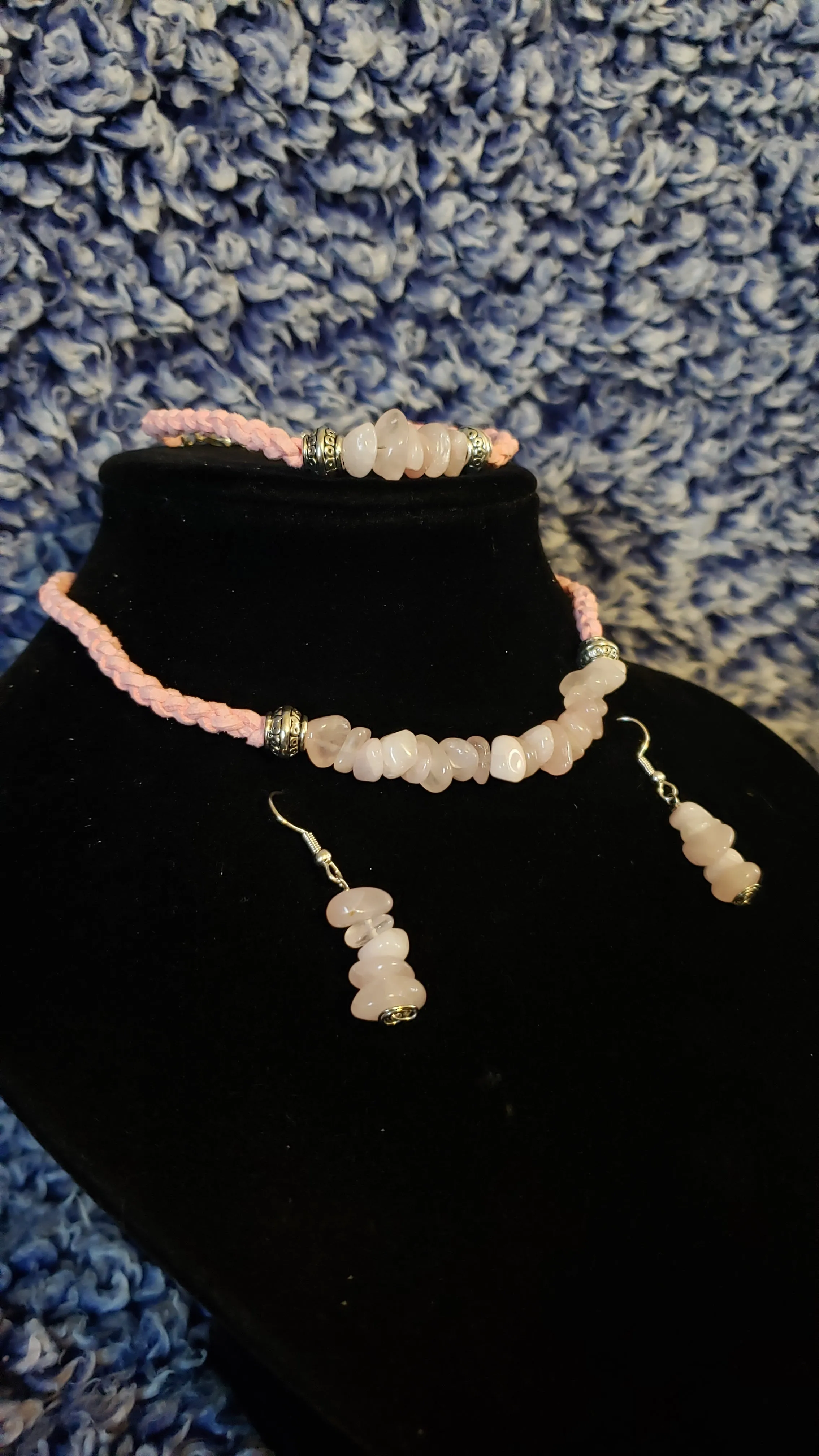 Rose Quartz Gemstone & Genuine Pink Leather Set. Choker, Bracelet & Earrings. Fully adjustable with Lobster Claw Clasps