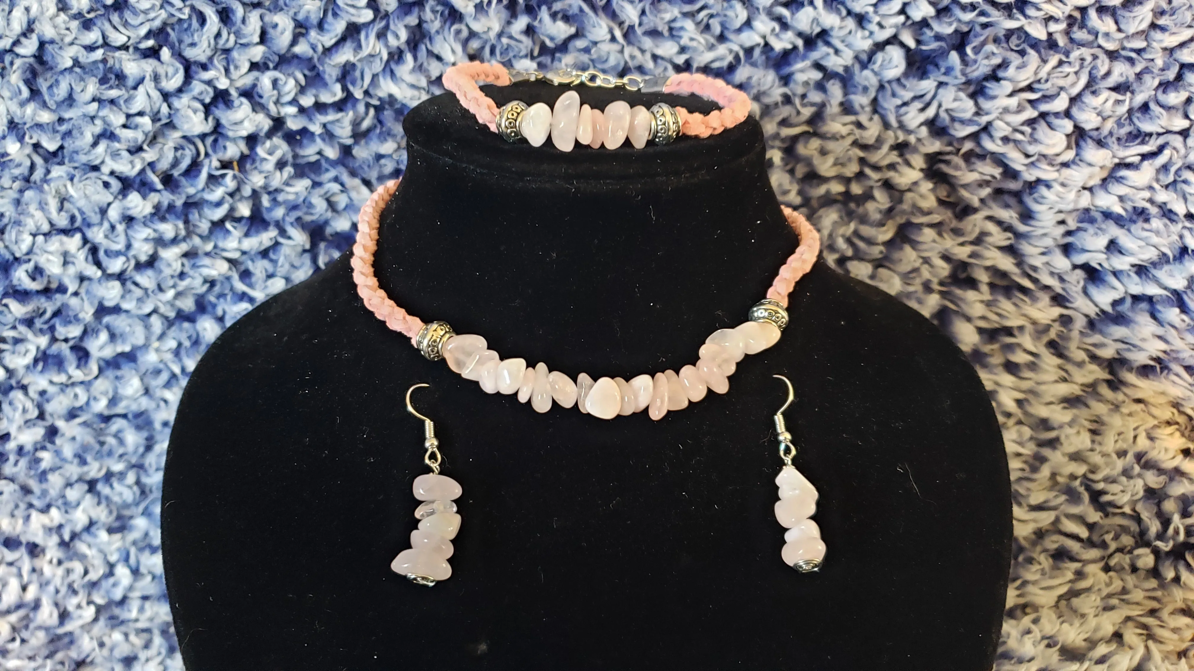 Rose Quartz Gemstone & Genuine Pink Leather Set. Choker, Bracelet & Earrings. Fully adjustable with Lobster Claw Clasps