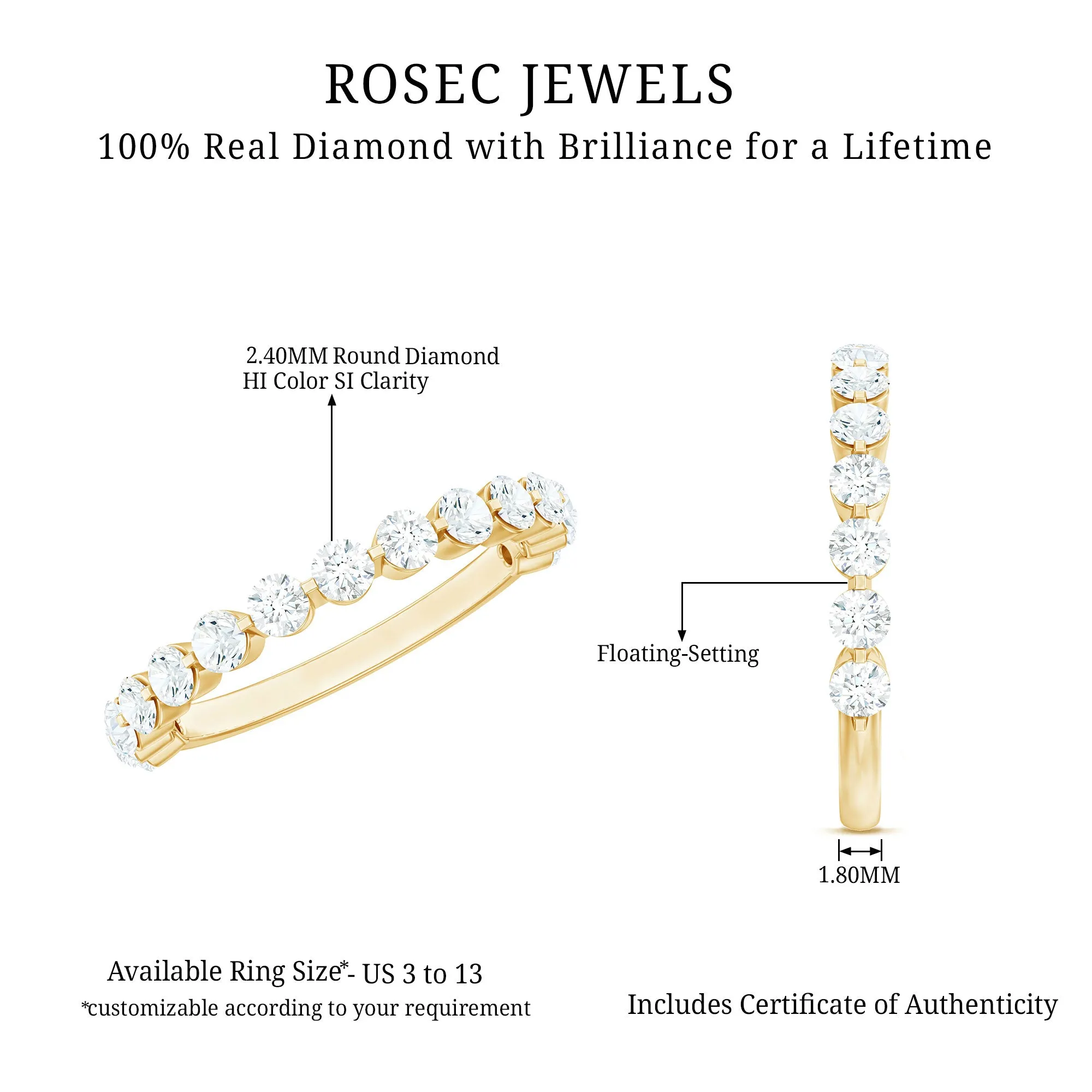 Round Shape Natural Diamond Floating Half Eternity Band Ring