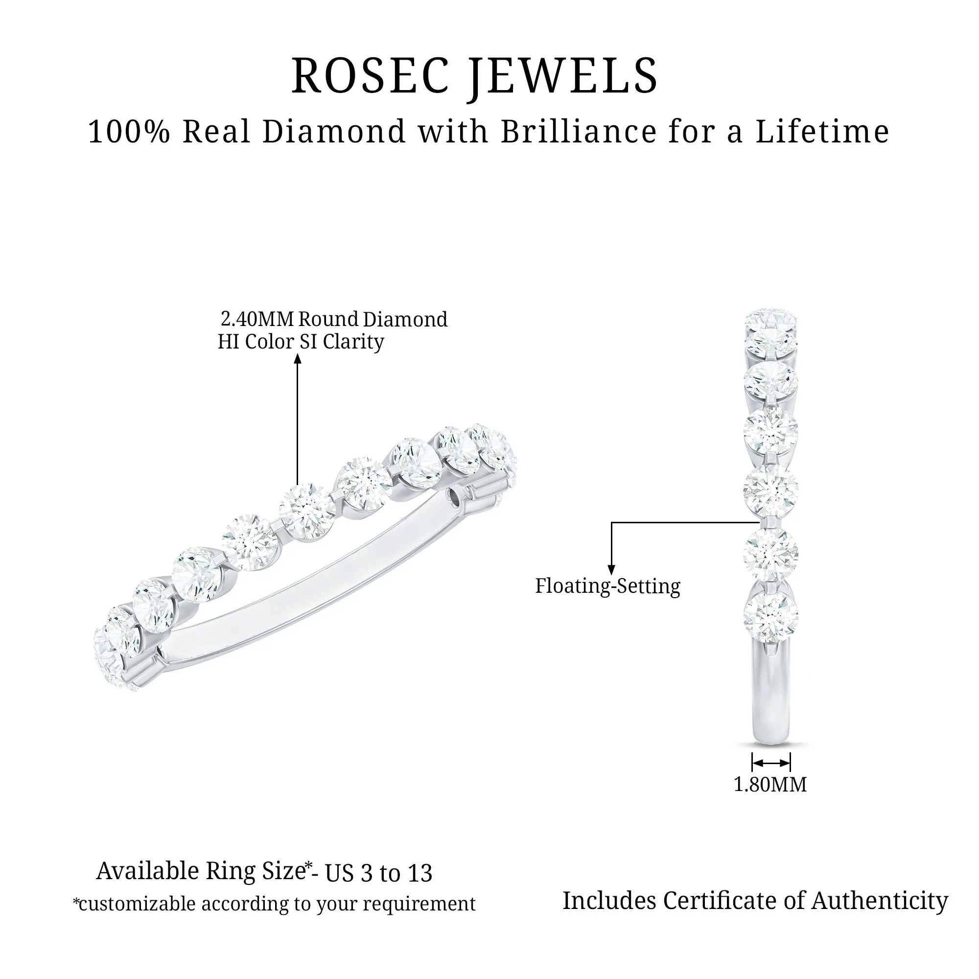 Round Shape Natural Diamond Floating Half Eternity Band Ring