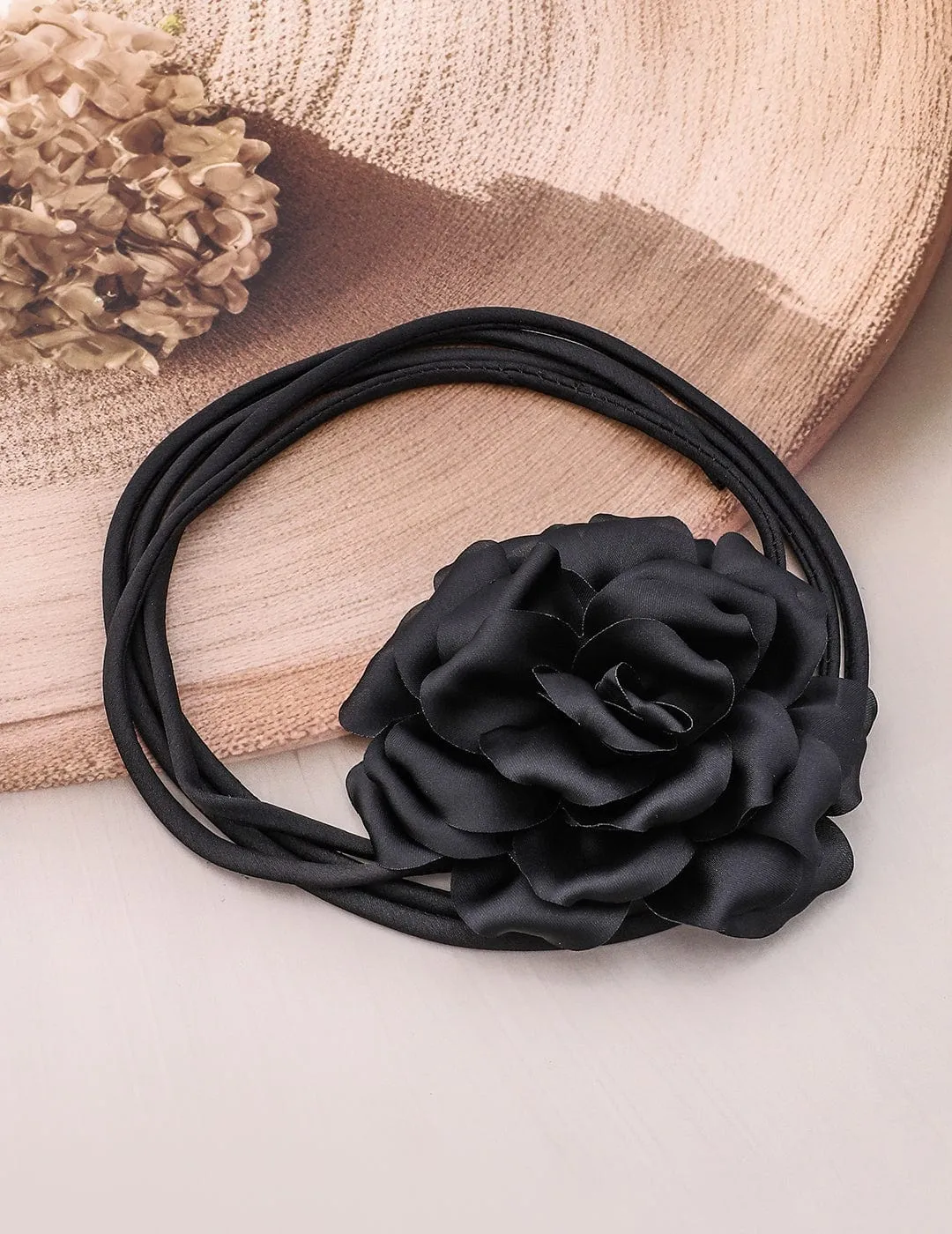 Rubans Elegant Black Satin Rose Choker Necklace - Bold Statement Piece for Every Look