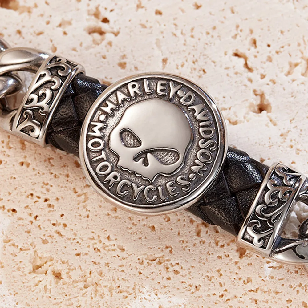 Rugged Stainless Steel Men's Bracelet with Harley-Davidson Skull Emblem – Durable, Stylish Motorcycle Chain Design