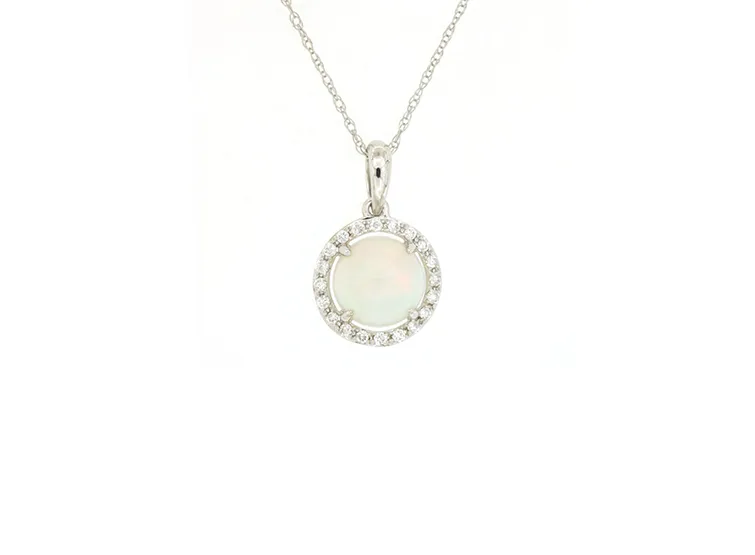 Sabel Collection White Gold Round Opal and Round Diamond Halo Pendant