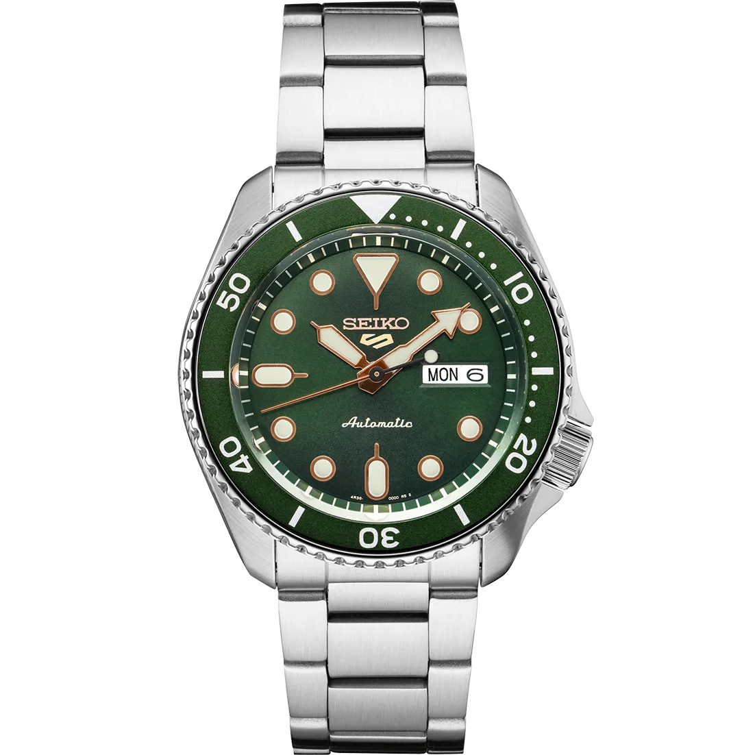 Seiko 5 Sports SRPD63 Automatic 10 ATM Water Resistant 42.5mm Green Dial with Rose Gold Accents Men's Watch