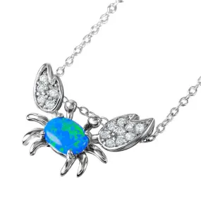 Silver 925 Rhodium Plated Crab Necklace with CZ and Synthetic Blue Opal