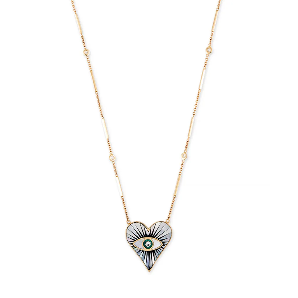 SMALL PEARL ONYX TURQUOISE INLAY EYE BURST HEART NECKLACE