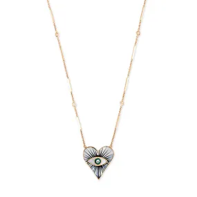 SMALL PEARL ONYX TURQUOISE INLAY EYE BURST HEART NECKLACE