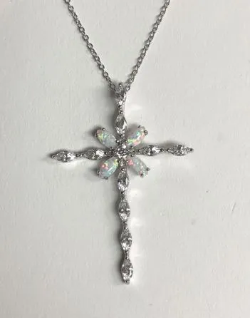 SS Radiance Simulated Diamond & Chatham MQ Opal Cross Necklace