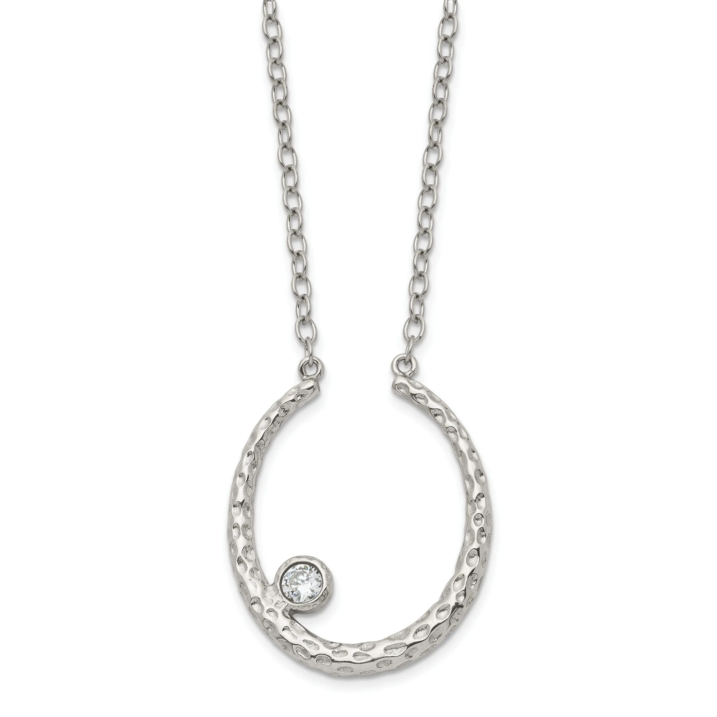 Stainless Steel Polished Textured CZ necklace