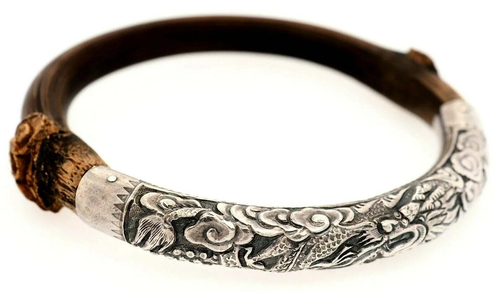 Sterling Silver & Wood Bangle Fine Vintage Jewellery Silver Dragon