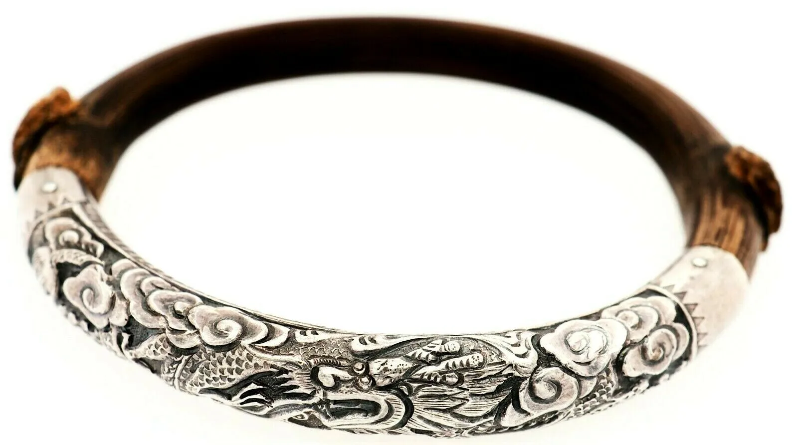 Sterling Silver & Wood Bangle Fine Vintage Jewellery Silver Dragon