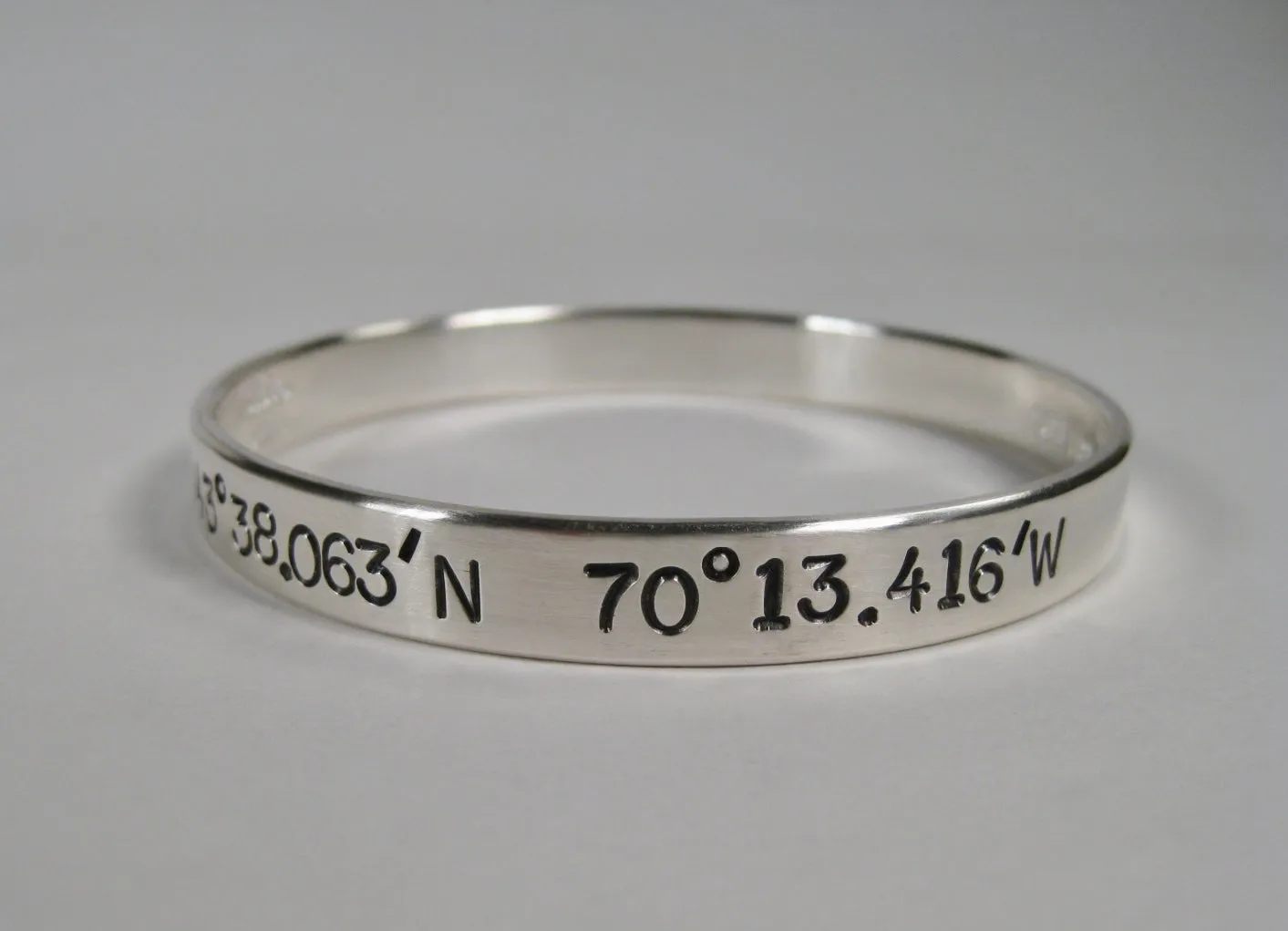 Sterling Silver Bangle w/ Latitude & Longitude, 8mm, Large text