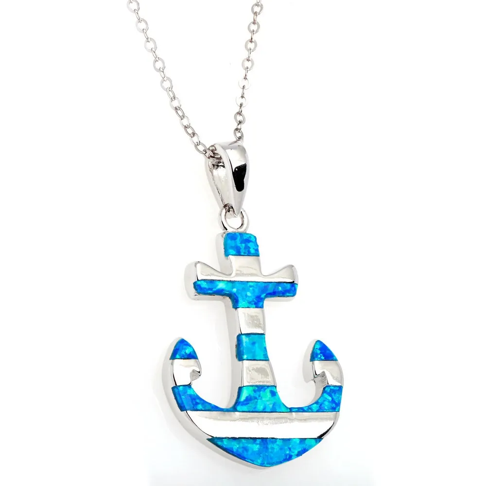 Sterling Silver Blue Fire Opal Nautical Anchor Pendant Necklace