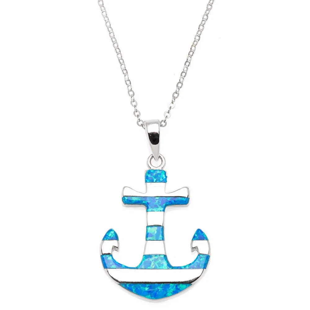 Sterling Silver Blue Fire Opal Nautical Anchor Pendant Necklace