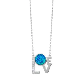 Sterling Silver Cubic Zirconia Blue Lab Opal Love Necklace