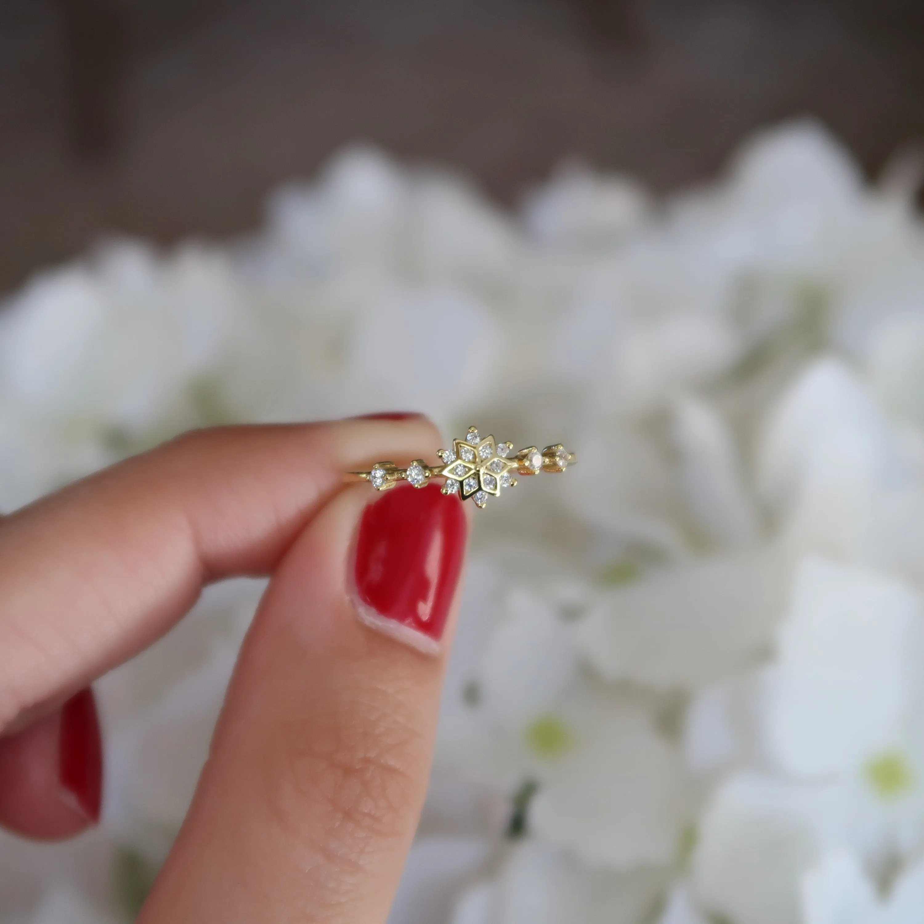 Sterling Silver Dainty Snowflake Ring | CZ Diamond Stacking Minimalist Ring