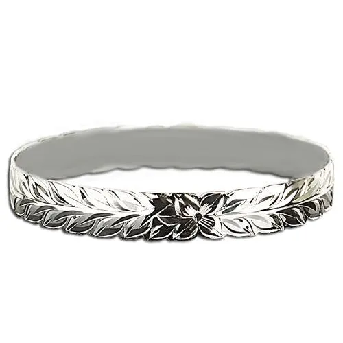 Sterling Silver Hawaiian Bangle Maile Leaf Engraving Cut Out Edge