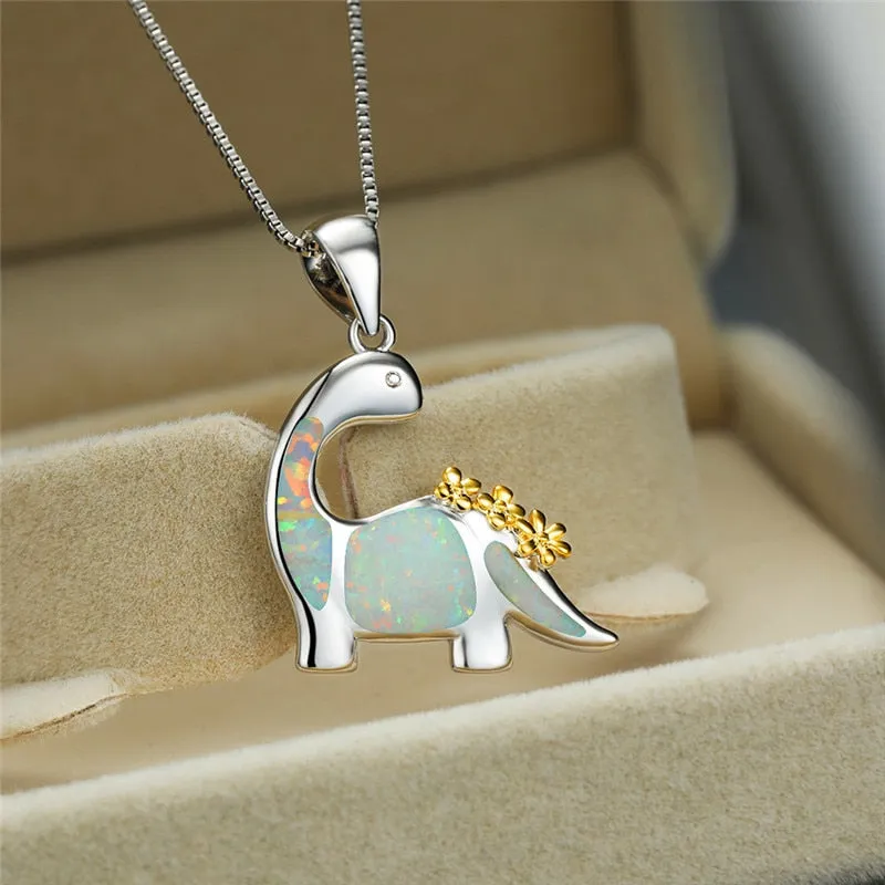 Sterling Silver Opal Dinosaur Pendant Necklace