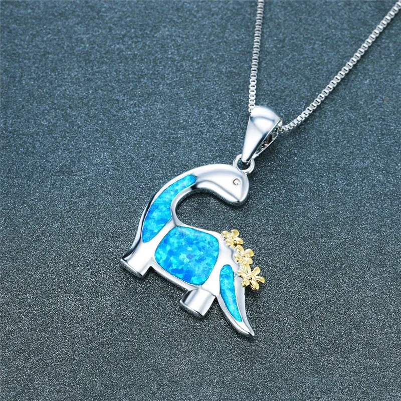 Sterling Silver Opal Dinosaur Pendant Necklace