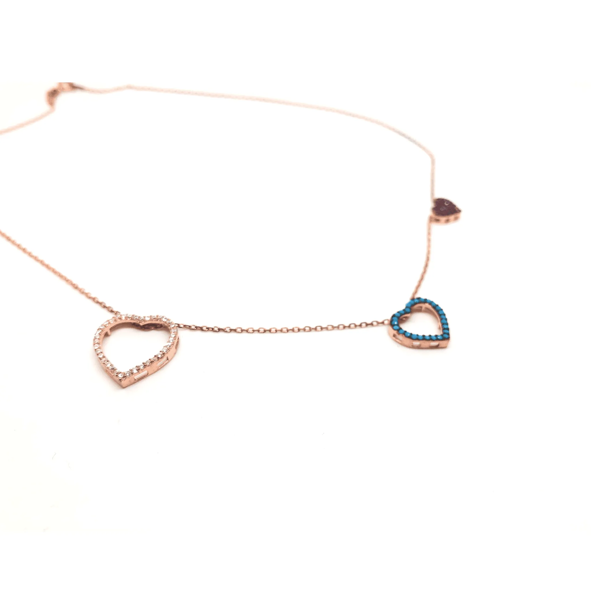 Sterling Silver Rose Gold Triple Heart Cubic Zirconia Pendant Necklace