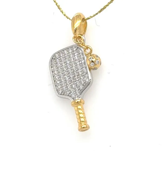 Sterling Silver Vermeil DOOR-BUSTER Cubic Zirconia Pickelball Paddle Pendant