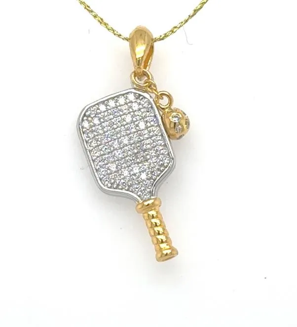 Sterling Silver Vermeil DOOR-BUSTER Cubic Zirconia Pickelball Paddle Pendant