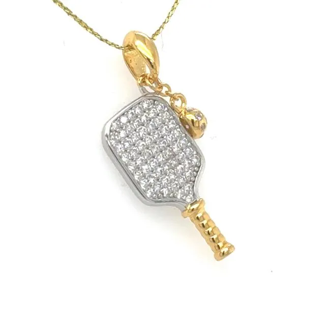 Sterling Silver Vermeil DOOR-BUSTER Cubic Zirconia Pickelball Paddle Pendant