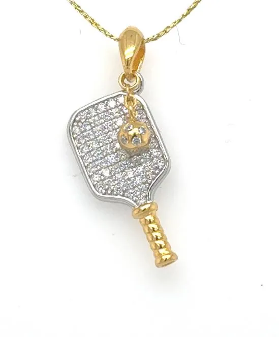 Sterling Silver Vermeil DOOR-BUSTER Cubic Zirconia Pickelball Paddle Pendant