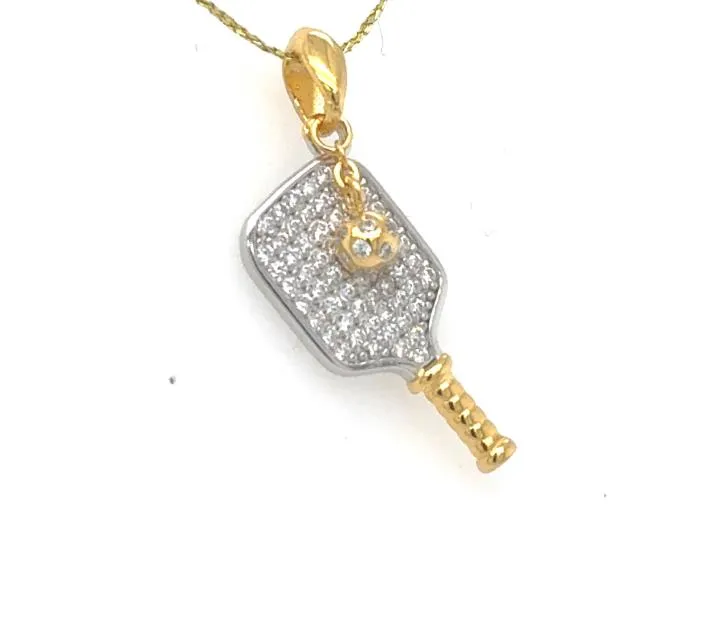 Sterling Silver Vermeil DOOR-BUSTER Cubic Zirconia Pickelball Paddle Pendant