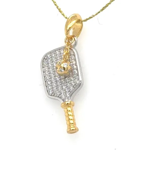 Sterling Silver Vermeil DOOR-BUSTER Cubic Zirconia Pickelball Paddle Pendant