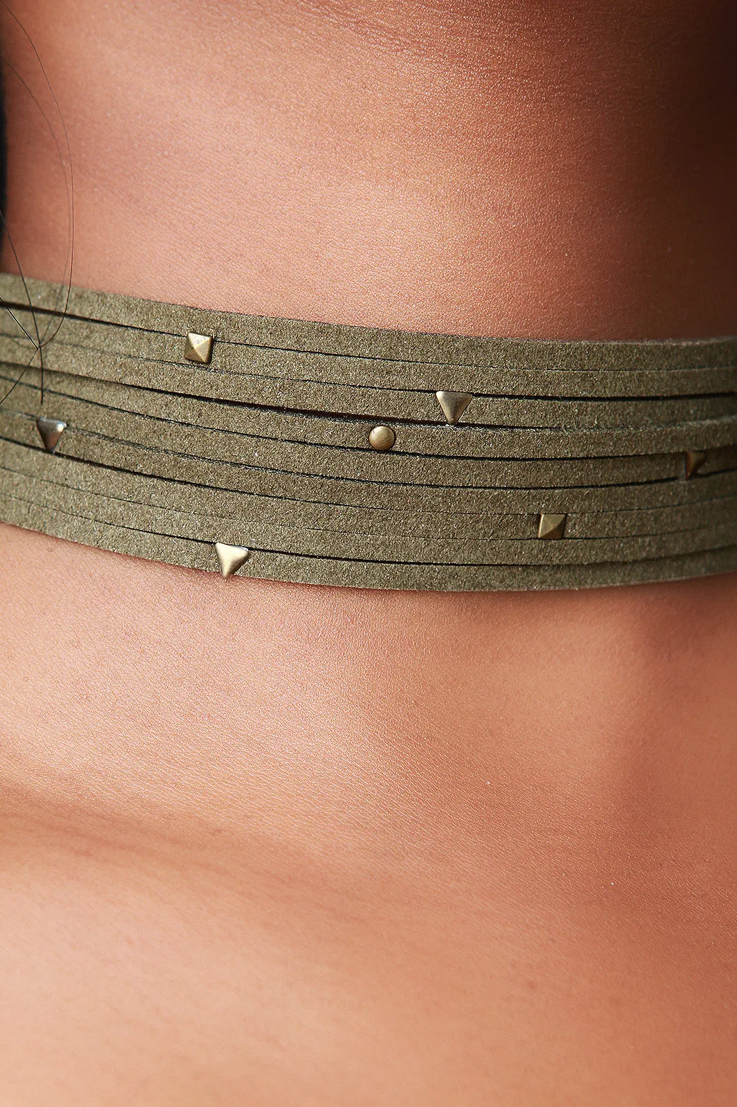 Strappy Studded Vegan Suede Choker Necklace