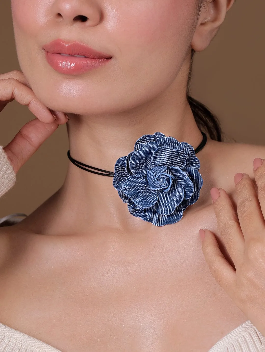 Stylish Denim Blue Flower Statement Choker Necklace