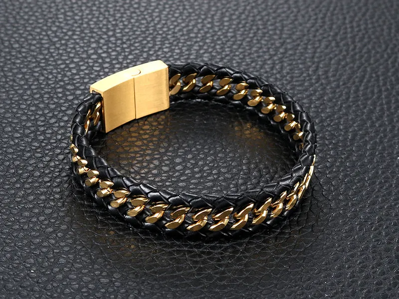 Stylish Retro Titanium Steel Leather Rope Bracelet for Men - Personalized Stainless Steel Jewelry