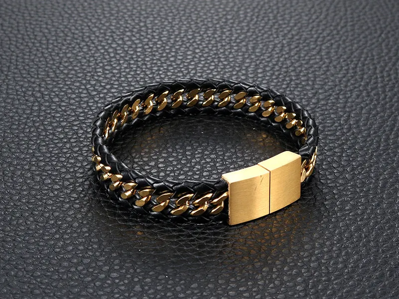 Stylish Retro Titanium Steel Leather Rope Bracelet for Men - Personalized Stainless Steel Jewelry