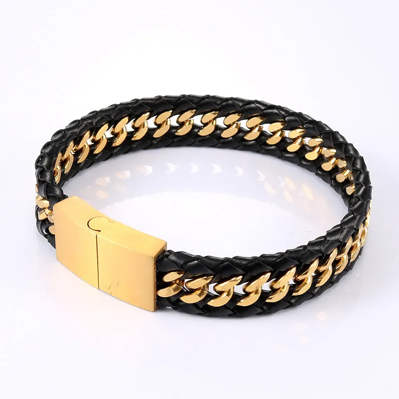 Stylish Retro Titanium Steel Leather Rope Bracelet for Men - Personalized Stainless Steel Jewelry