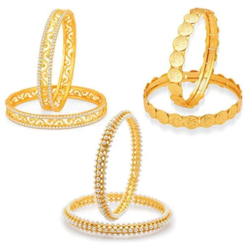 Sukkhi Angelic Laxmi Temple Coin Gold Plated AD Set of 3 Pair Bangle Combo For Women