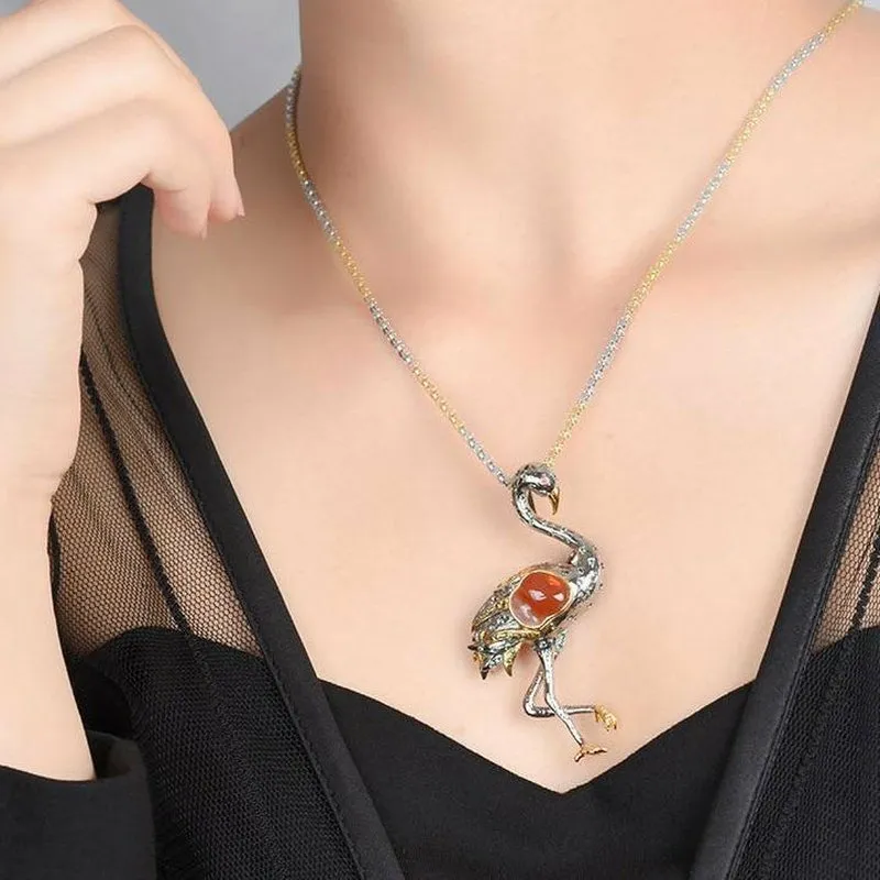 Thai Silver & Fire Opal Hearted Flamingo Necklace Pendant/Brooch