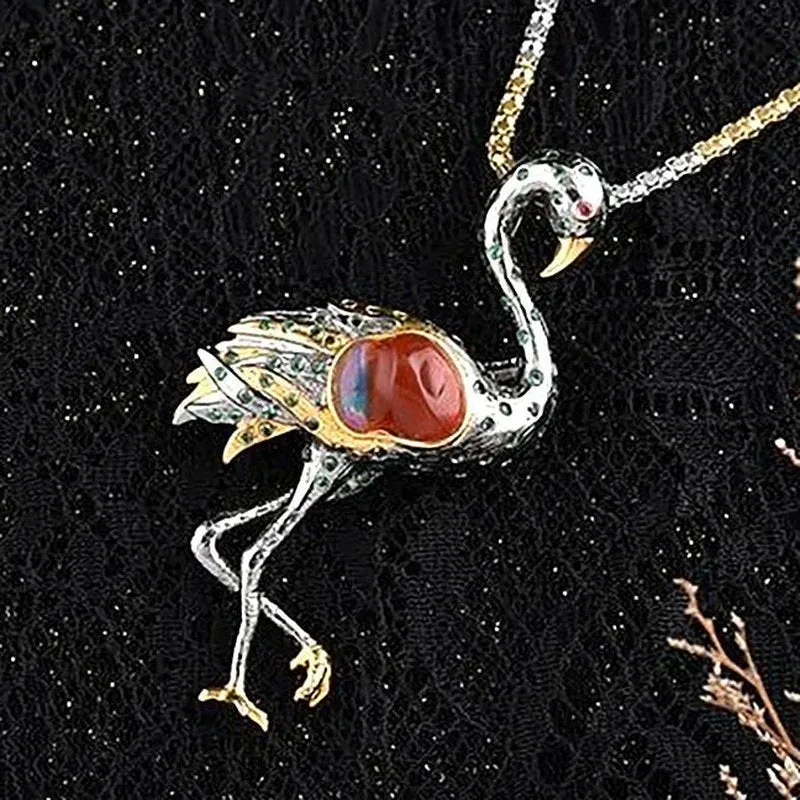 Thai Silver & Fire Opal Hearted Flamingo Necklace Pendant/Brooch