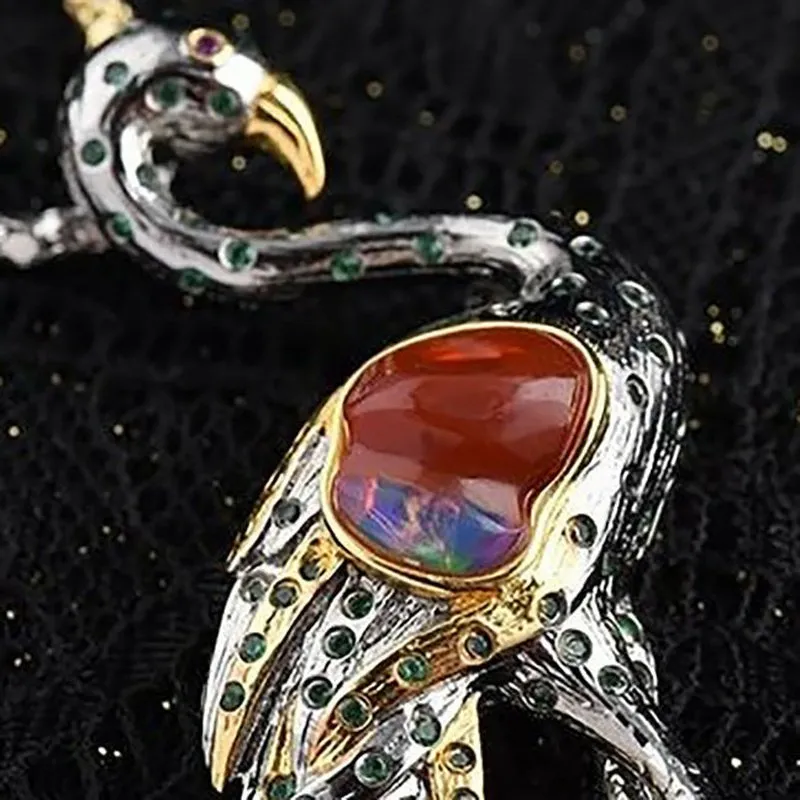 Thai Silver & Fire Opal Hearted Flamingo Necklace Pendant/Brooch