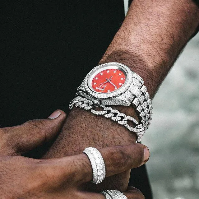 THE ICE CUBE® - Iced Out Diamond Presidential Watch in White Gold (Red Dial)