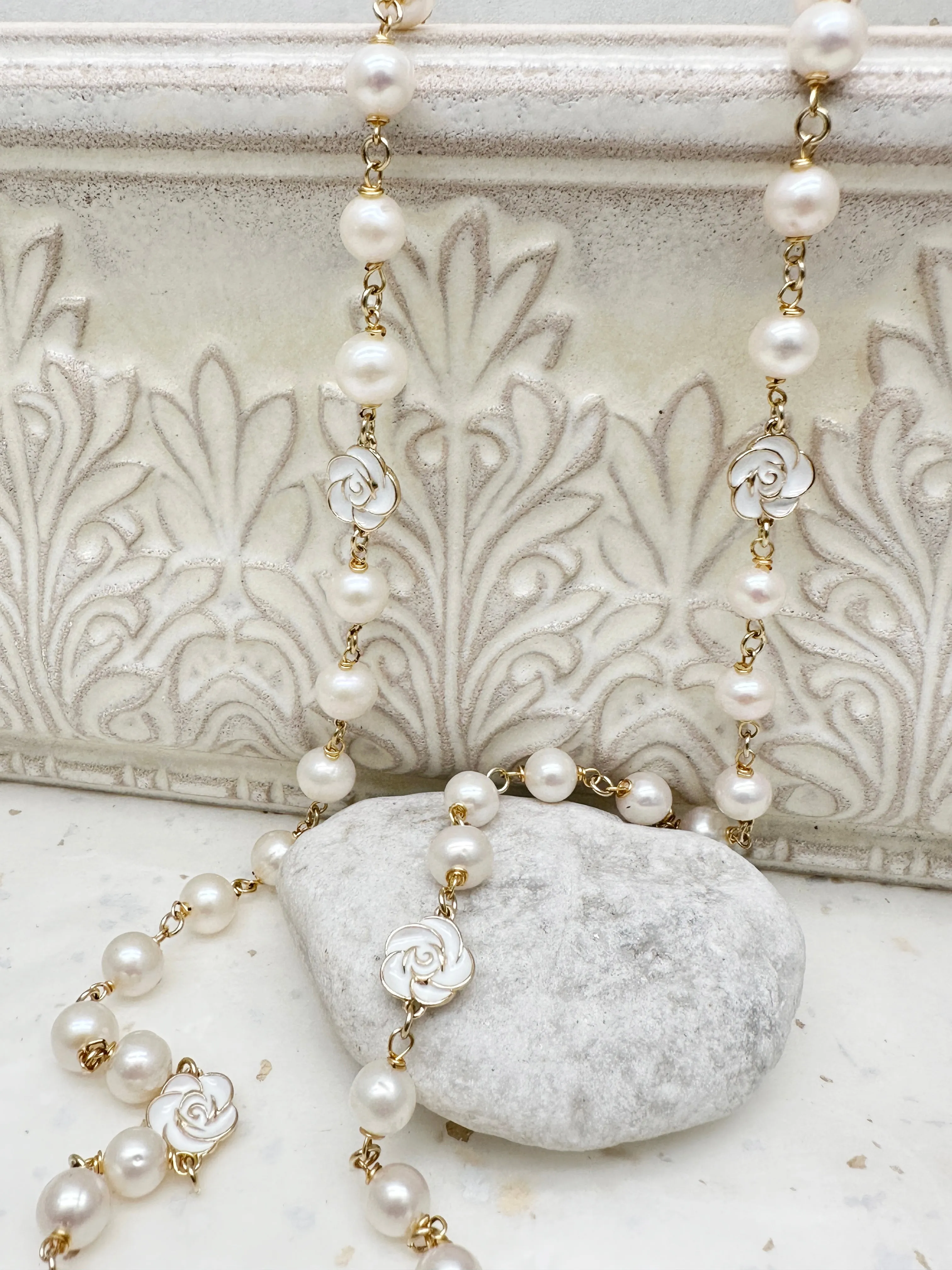 Timeless Freshwater Pearls with White Rose Flowers Long Necklace LN061