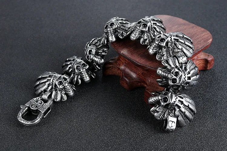 Titanium Steel Retro Skull Bracelet for Men with European and American Indian Design