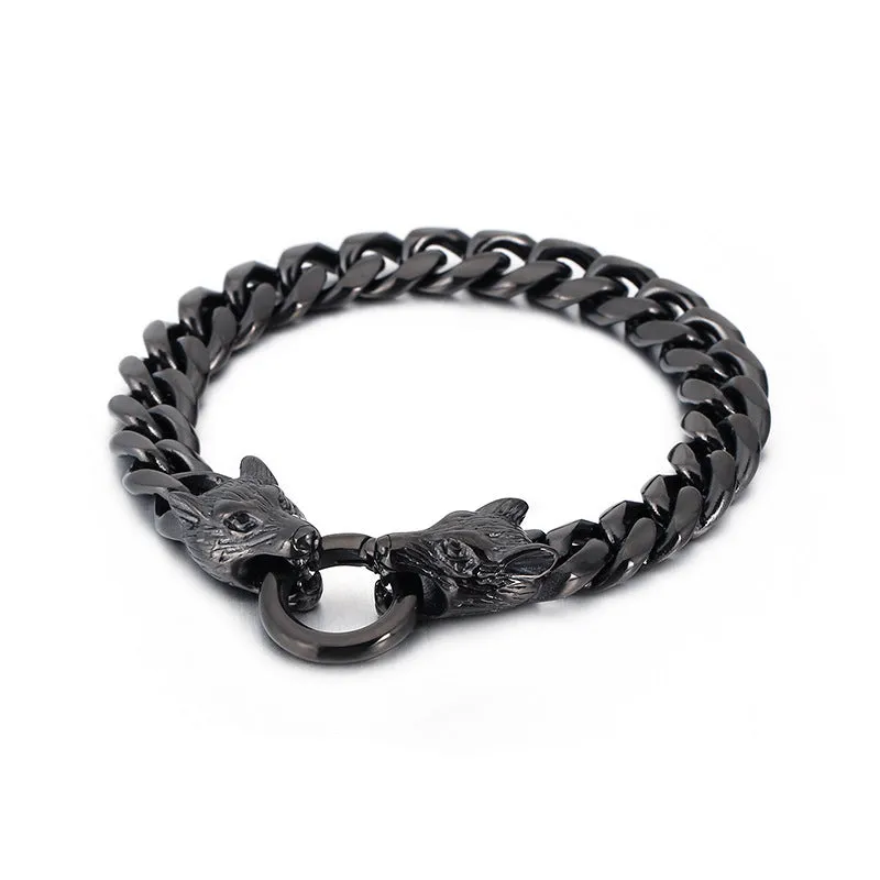 Titanium Steel Wolf Head Bracelet and Necklace Set for Men - Punk Trendy Stainless Steel Chain with Round Ring Buckle