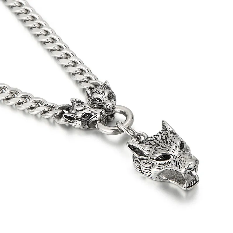 Titanium Steel Wolf Head Bracelet and Necklace Set for Men - Punk Trendy Stainless Steel Chain with Round Ring Buckle