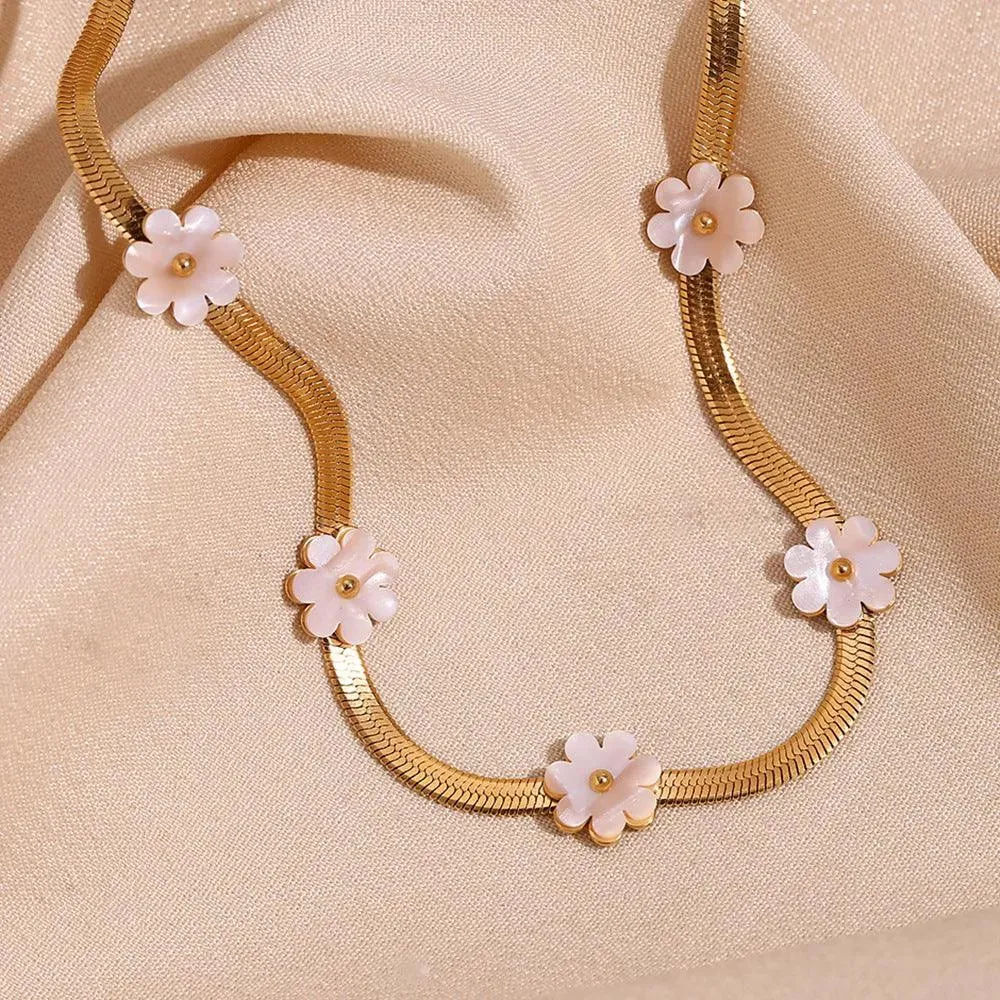 Trendy Gold Choker Necklace with White Flower Charms