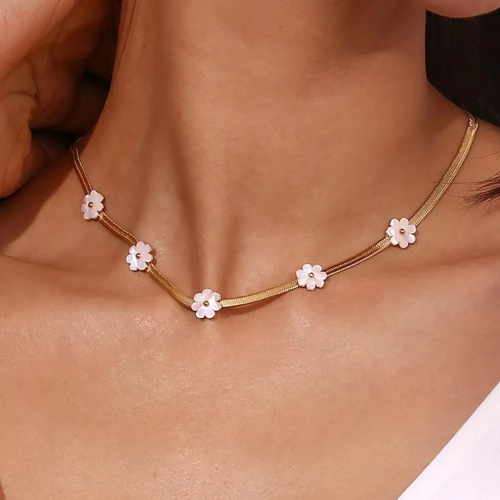 Trendy Gold Choker Necklace with White Flower Charms