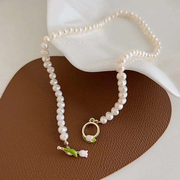 Tulip Pearl Chain Choker Necklace Bracelet Set