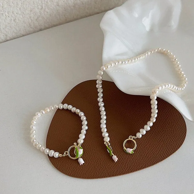 Tulip Pearl Chain Choker Necklace Bracelet Set