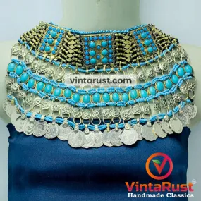 Turquoise Beaded Choker Necklace With Coins